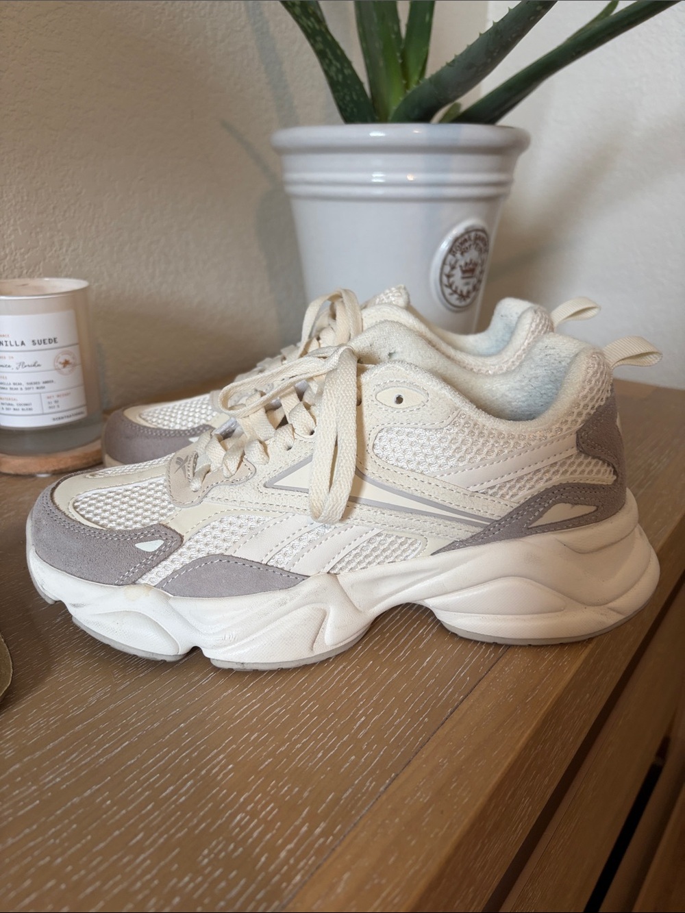 Women's Reebok Neutral Mesh & Suede Chunky Sneaker - Cream/Gray